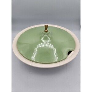 Vintage MCM Tureen Ceramic Green Lid Metal Handle No Spoon Seafoam